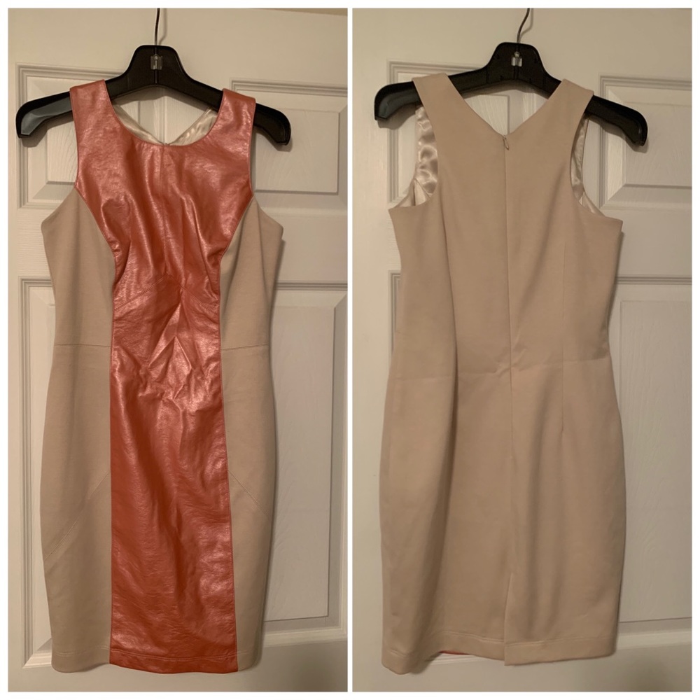 Bone Sheath dress w/pink faux leather inserts